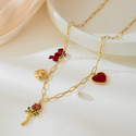 gold necklace elegant Red Heart Faux Pearl Bow Necklace For Women
