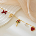 gold necklace elegant Red Heart Faux Pearl Bow Necklace For Women