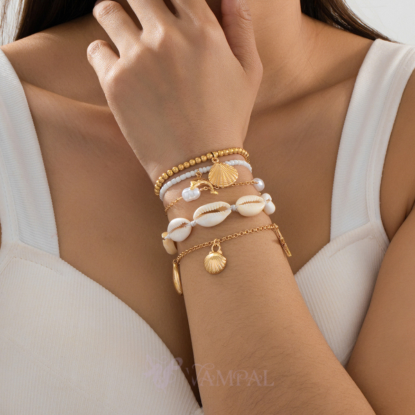 gold 5-Piece Shell Bead Bracelet Set Summer Beach Jewelry