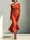elegant Pleated Solid Color Long Sleeve Long Dress