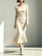 elegant Pleated Solid Color Long Sleeve Long Dress