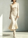 elegant Pleated Solid Color Long Sleeve Long Dress