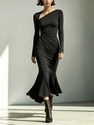 elegant Pleated Solid Color Long Sleeve Long Dress