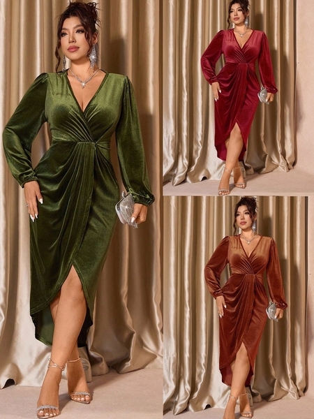 plus Size V-Neck Velvet Bodycon Dress With Slit