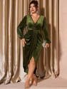 plus Size V-Neck Velvet Bodycon Dress With Slit