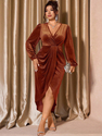 plus Size V-Neck Velvet Bodycon Dress With Slit