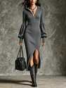 zipper Knit Stand Collar Lantern Sleeve Slit Dress