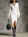 zipper Knit Stand Collar Lantern Sleeve Slit Dress