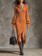 zipper Knit Stand Collar Lantern Sleeve Slit Dress