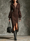 zipper Knit Stand Collar Lantern Sleeve Slit Dress