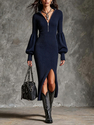 zipper Knit Stand Collar Lantern Sleeve Slit Dress