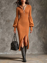 zipper Knit Stand Collar Lantern Sleeve Slit Dress