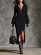 zipper Knit Stand Collar Lantern Sleeve Slit Dress