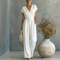 elegant V-Neck Button-Down Belted Jumpsuit Solid Color