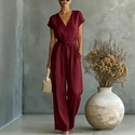 elegant V-Neck Button-Down Belted Jumpsuit Solid Color