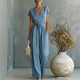 elegant V-Neck Button-Down Belted Jumpsuit Solid Color
