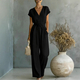 elegant V-Neck Button-Down Belted Jumpsuit Solid Color