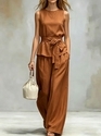 women's Sleeveless Solid Color Two-Piece Set With Belt