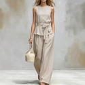 women's Sleeveless Solid Color Two-Piece Set With Belt