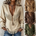 retro V-Neck Fringe Suede Long-Sleeve Top