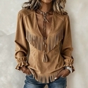 retro V-Neck Fringe Suede Long-Sleeve Top