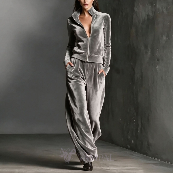 women's Velvet 2-Piece Tracksuit Set Long Sleeve Zip Solid Color
