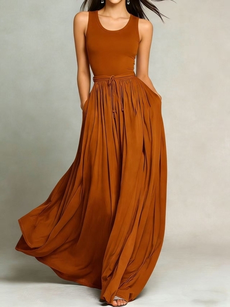 solid Color Sleeveless Pocket Long Dress