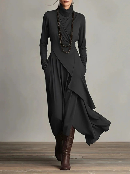 solid Color Long Sleeve Cross High Neck Maxi Dress