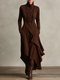 solid Color Long Sleeve Cross High Neck Maxi Dress