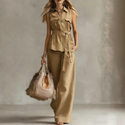 sleeveless Collared Shirt And Pants Set With Waist Tie