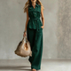 sleeveless Collared Shirt And Pants Set With Waist Tie
