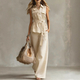 sleeveless Collared Shirt And Pants Set With Waist Tie