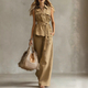 sleeveless Collared Shirt And Pants Set With Waist Tie