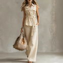 sleeveless Collared Shirt And Pants Set With Waist Tie