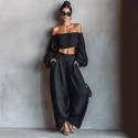 elegant Off-Shoulder Solid Color T-Shirt And Pants Two-Piece Set