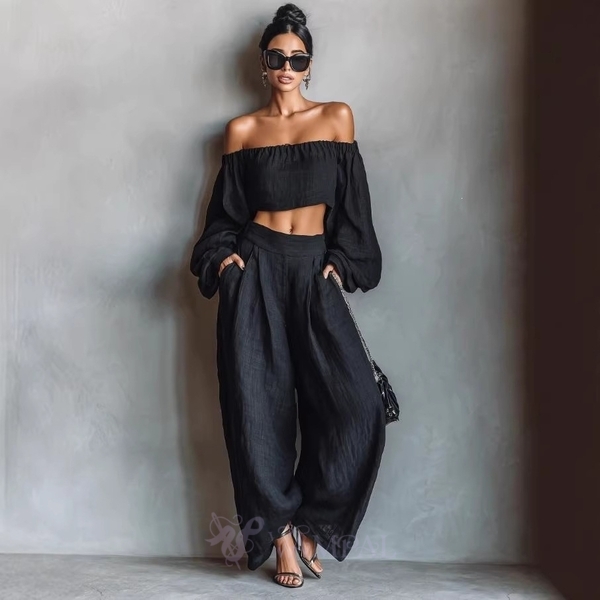 elegant Off-Shoulder Solid Color T-Shirt And Pants Two-Piece Set