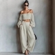 elegant Off-Shoulder Solid Color T-Shirt And Pants Two-Piece Set