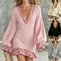 leopard Print Spliced Deep V-Neck Knit Dress With Lantern Sleeves