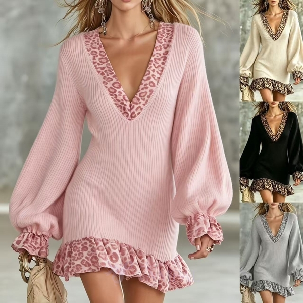 leopard Print Spliced Deep V-Neck Knit Dress With Lantern Sleeves