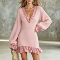 leopard Print Spliced Deep V-Neck Knit Dress With Lantern Sleeves