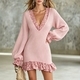 leopard Print Spliced Deep V-Neck Knit Dress With Lantern Sleeves