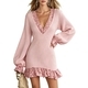leopard Print Spliced Deep V-Neck Knit Dress With Lantern Sleeves
