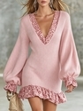 leopard Print Spliced Deep V-Neck Knit Dress With Lantern Sleeves