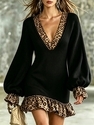 leopard Print Spliced Deep V-Neck Knit Dress With Lantern Sleeves