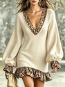 leopard Print Spliced Deep V-Neck Knit Dress With Lantern Sleeves