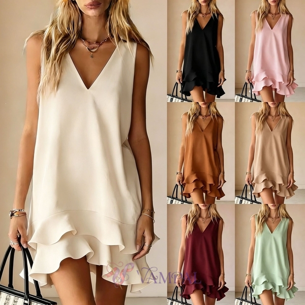 v-Neck Sleeveless Loose Ruffle Dress