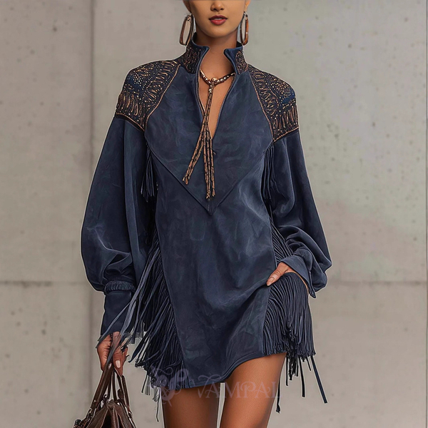 V-Neck Tassel Embroidered Dress For Women