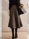 Brown Houndstooth Woolen High Waist A-Line Midi Skirt