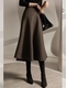 Brown Houndstooth Woolen High Waist A-Line Midi Skirt