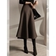 Brown Houndstooth Woolen High Waist A-Line Midi Skirt